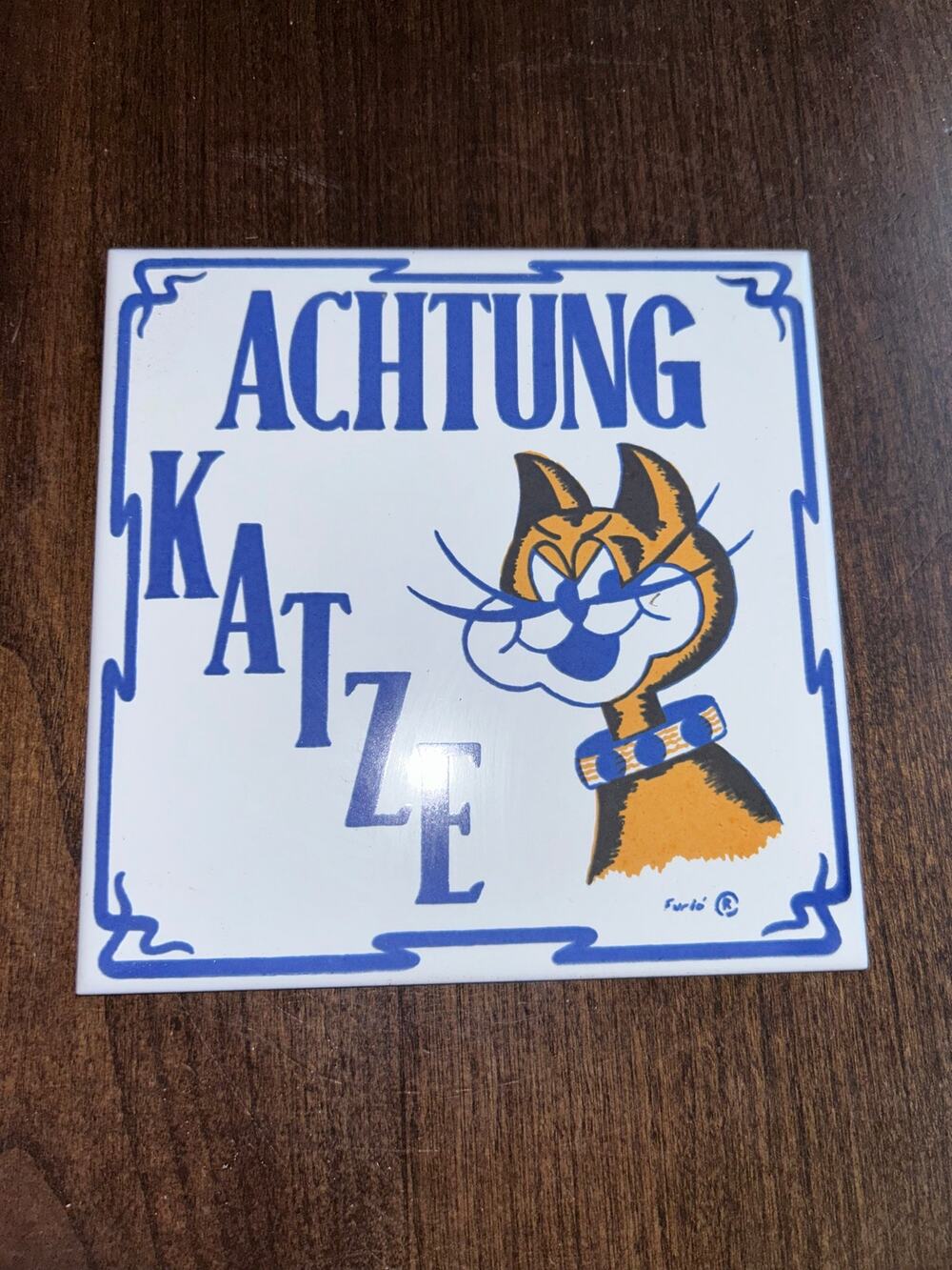 Beware of Cat Tile Trivet Art Orange Cat Purio Made In Spain TC 6”